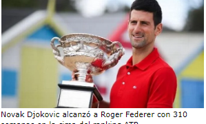 Djokovic igualó las 310 semanas de Federer como número uno en ranking ATP
